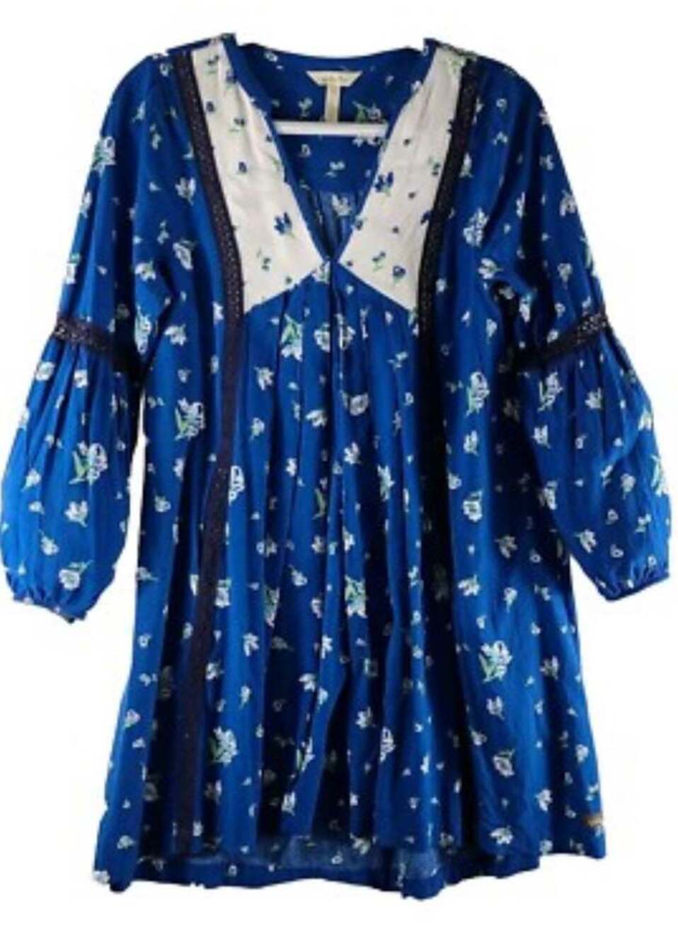 Matilda Jane Blue Floral Pleated Long Sleeve Shirt Dress Pockets M Women EUC - Picture 4 of 4